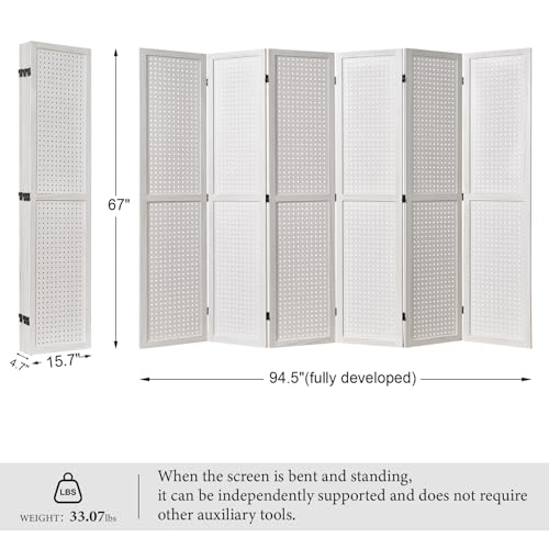 Pegboard Display, 5.6Ft Wooden Room Divider Folding Privacy Screens Portable Freestanding Wall Organizer for Retail Craft Art Display Board (4panels