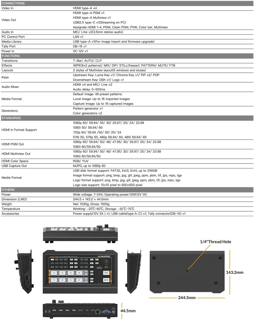 AVMATRIX HVS0402U 4 HDMI Multi Inputs Format Video Mixer Switcher USB Output Real Time Live Streaming