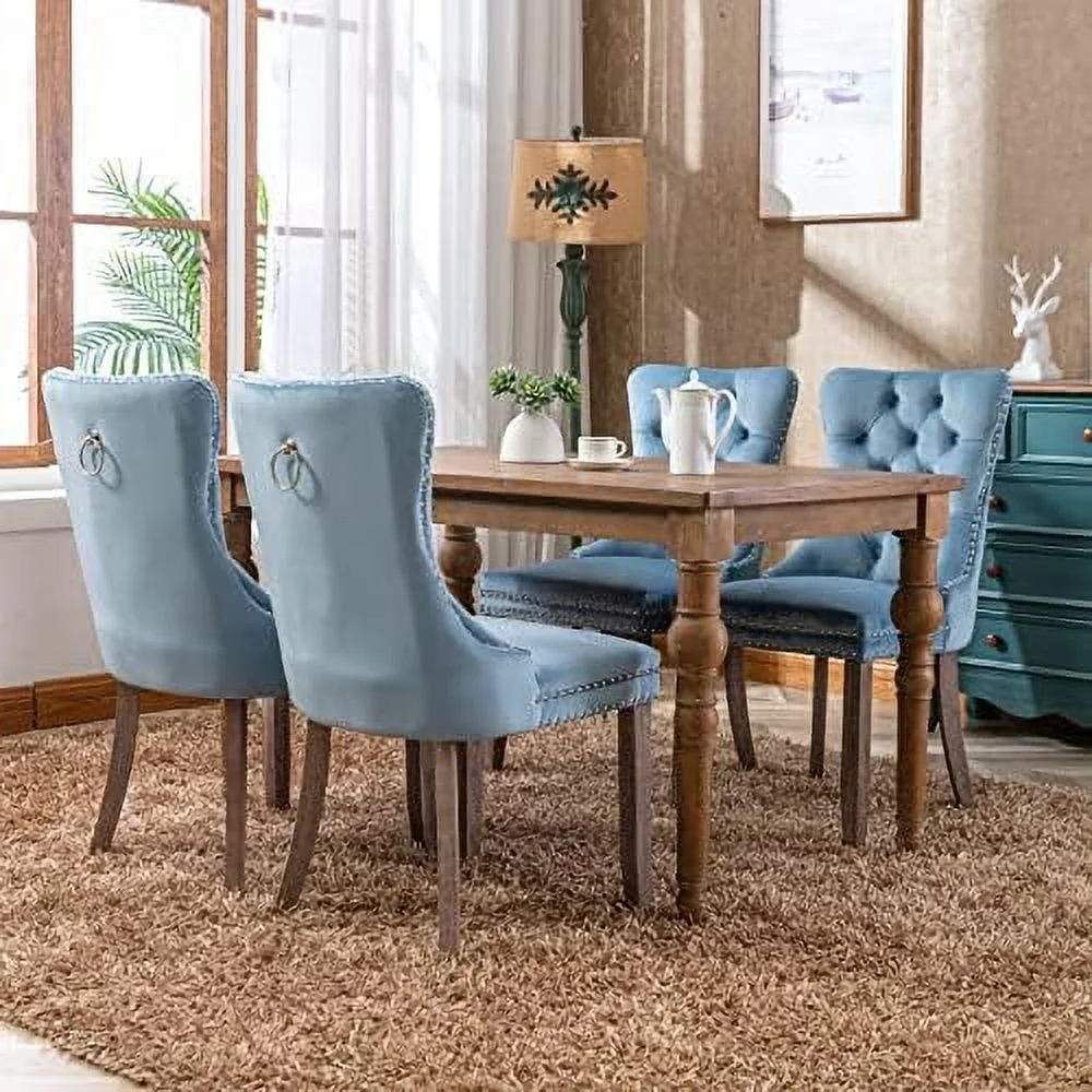 TJUNBOLIFE Velvet Dining Chairs   Upholstered Dining Room Chairs  Tufted Dining Chairs with Solid Wood Legs  Nail Heads and Ring Pull for Kitchen