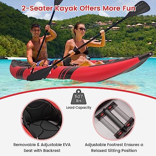 Goplus Inflatable Kayak, 2-person Kayak Set for Adults with 507 LBS Weight Capacity, 2 Aluminium Oars, EVA Padded Seat, 2 Fins, Hand Pump, Carry Bag
