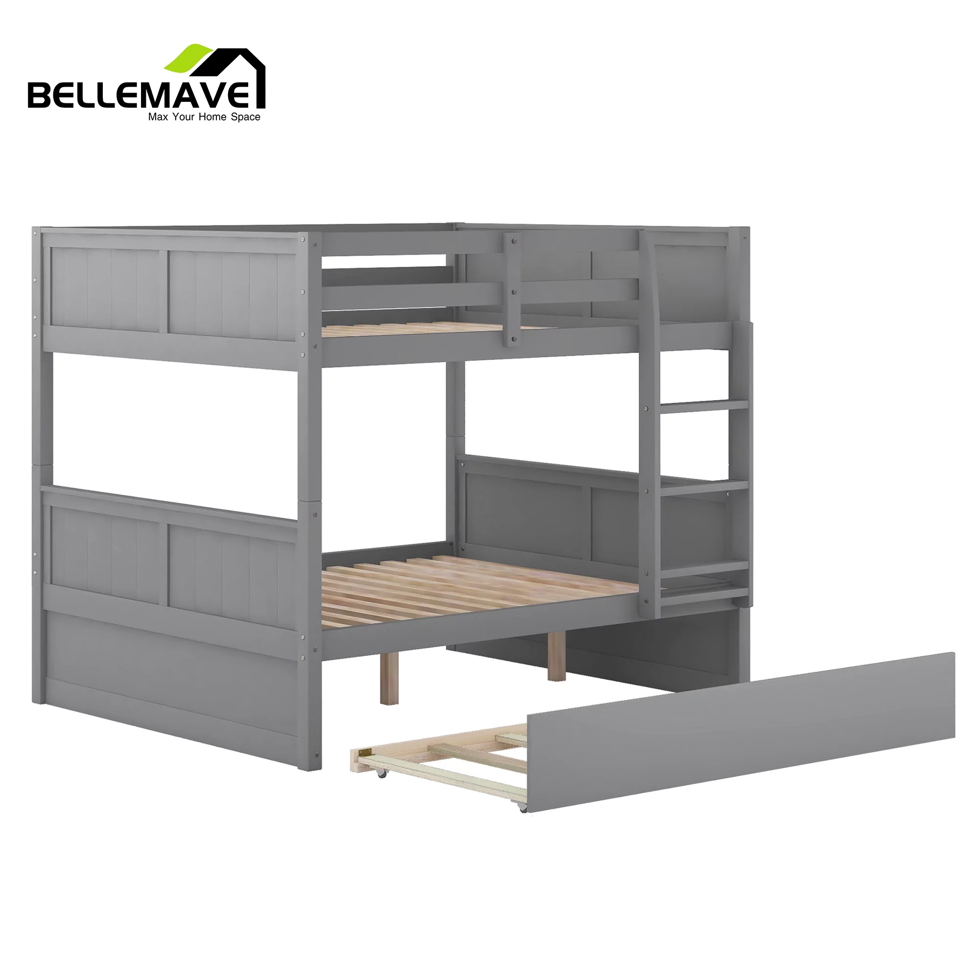 BELLEMAVE Full Over Full Bunk Bed, Wood Bunk Bed Frame with Twin Trundle, Fence Shaped Guardrails, Ladder, Headboard, Convertible into 2 Bed