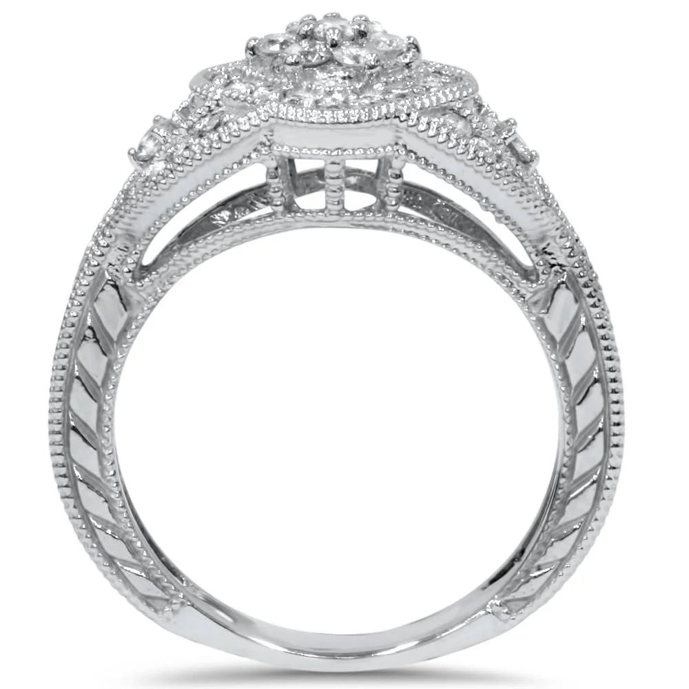 Pompeii3 Diamond Engagement Ring 3/4 Carat Unique Vintage Cushion Halo 3-Stone White Gold