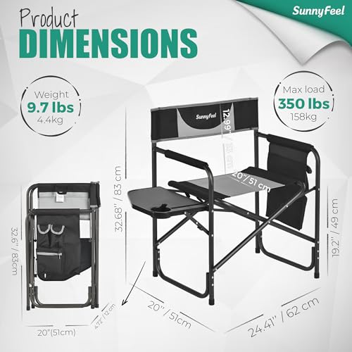 SUNNYFEEL Oversized Camping Directors Chair 2 Pack, Portable Folding Lawn Chairs for Adults Heavy Duty with Side Table,Pocket for Beach, Fishing