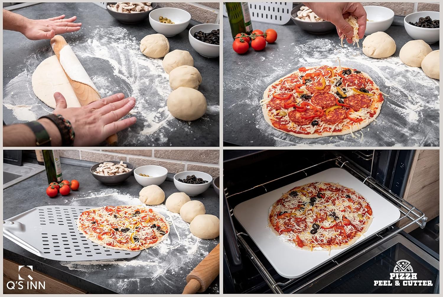 Perforated Pizza Peel 12x14 Inch from Anodized Aluminum Pizza Paddle and Pizza Tuning Peel. The perfect set for your Home Made Pizza by Q's INN. Pack