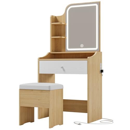 LIKIMIO Small Makeup Vanity Desk with Mirror and Lights, Vanity Table Set with Storage Drawer, Chair and Three Shelves, Bedroom, White