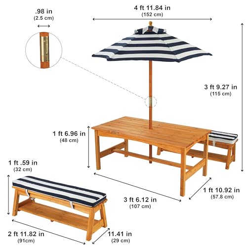 KidKraft Outdoor Wooden Table & Bench Set with Cushions and Umbrella, Kids Backyard Furniture, Navy and White Stripe Fabric