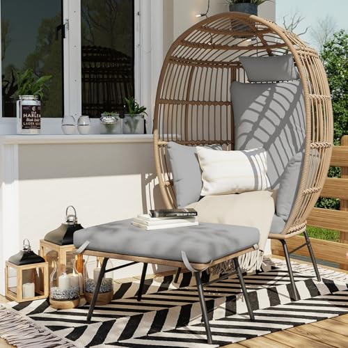 Oversize 360°Swivel Egg Chair Patio Rotating Rattan Egg Basket Lounge Chair, Wicker Egg-Shaped Chair w/Steel Frame Stand and 4 Cushions for Patio
