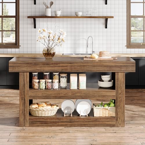 Tribesigns 55-Inch Kitchen Island with Storage, Farmhouse 3-Tier Stationary Island Table with Large Countertop