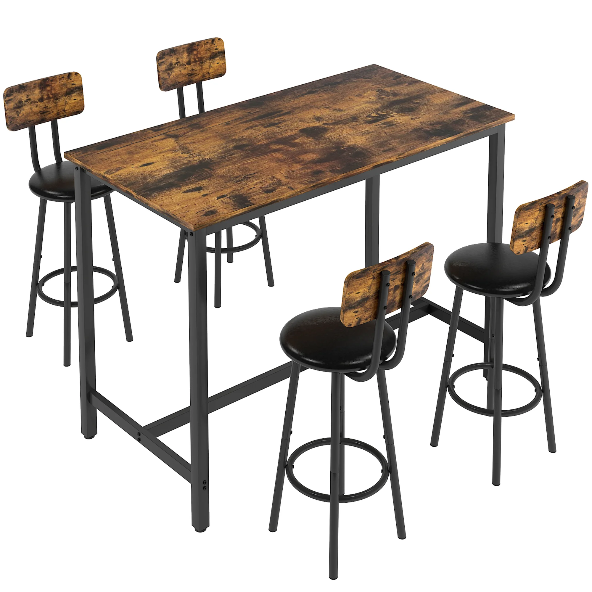 Paproos 5 Piece Dining Table Set, Bar Height Kitchen Table and Upholstered Stools with Backrest, Wooden Table Top and Metal Frame