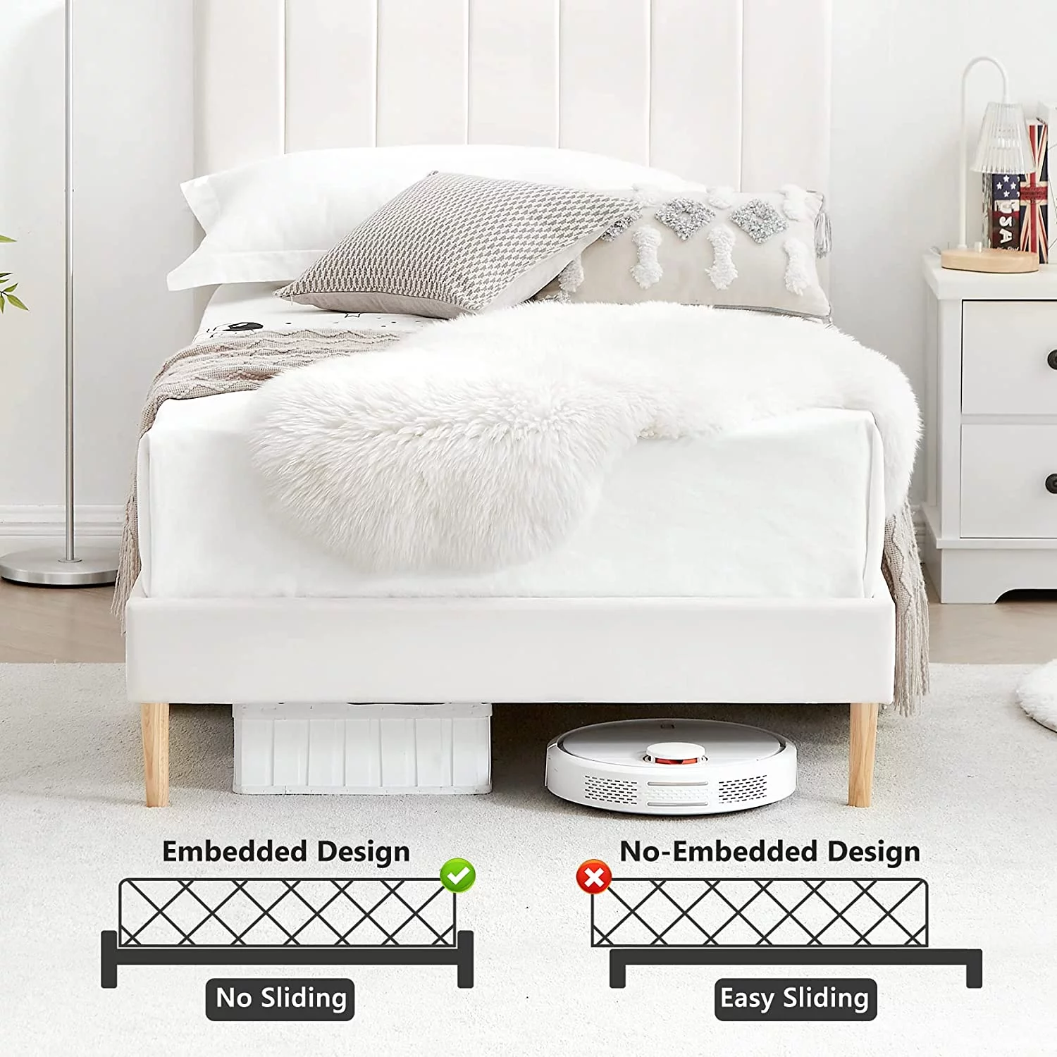 Flolinda Twin Size Bed Frame with Velvet Upholstered Vertical Channel Tufted Whole Headboard, No Box Spring Needed/Easy Assembly, Off White