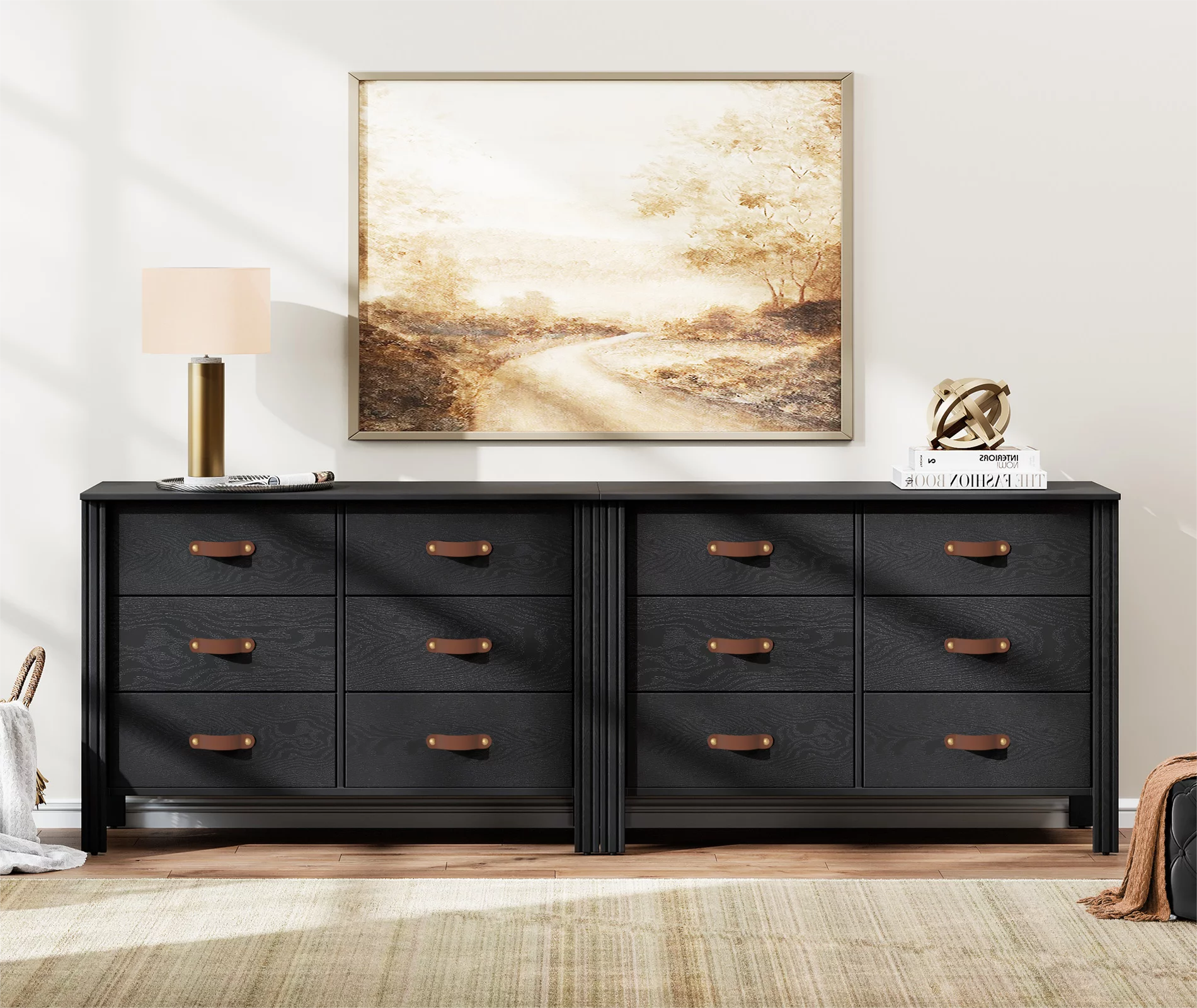 Set of 2 Black Dresser for Bedroom. Large Wood Dresser with 6 Drawers. Storage Cabinet for Living Room. Hallway