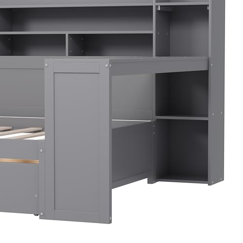 Corner Twin Bed Frame with Bookcase Storage and Desk, Wood Day Beds with 2 Drawers, Twin Size Daybed with Storage for Living Room