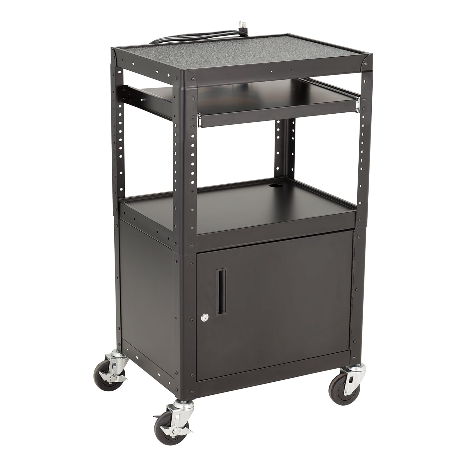 Norwood Commercial Furniture Adjustable Height Metal AV Cart with Cabinet, Electric Power & Sliding Tray, NOR-GNO1010-PK-SO