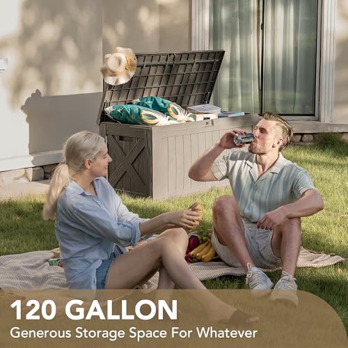 Devoko 120 Gallon Deck Box Resin Outdoor Storage Box Waterproof for Patio, Large Outdoor Storage Bench Lockable for Outside (Black)
