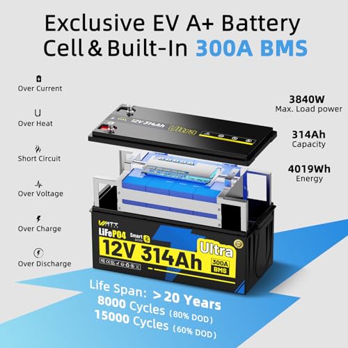 12V 314Ah Mini LiFePO4 Lithium Battery with Bluetooth 5.0, 200A BMS, 4.01kWh Energy, Upgraded Aluminum Cooling Fins & Braided Copper Wires, for RV