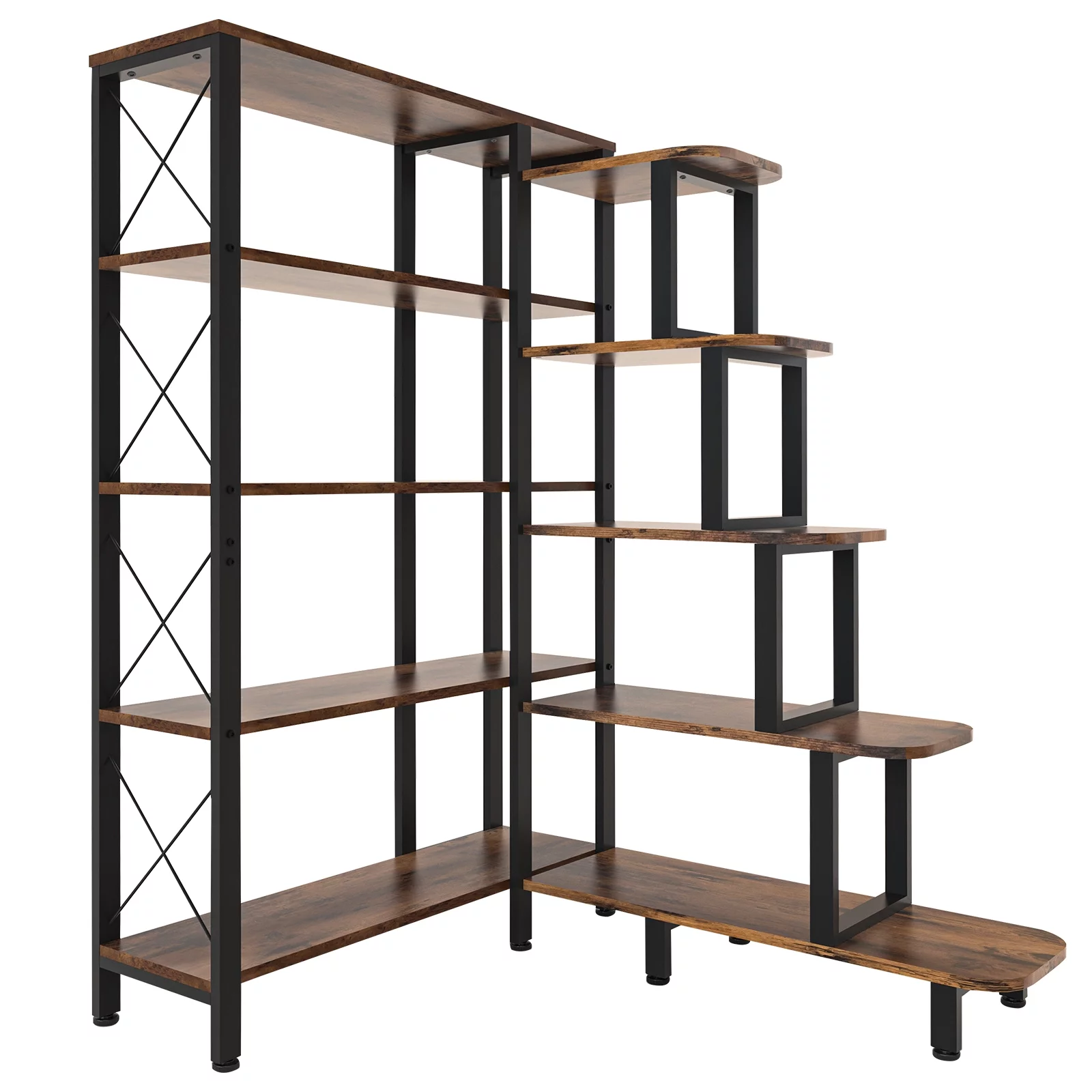 Corner Bookshelf Bookcase, Large Reversible 5 Tier Ladder Shelves Storage Display Rack with Metal Frame