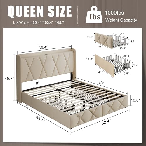 Queen Bed Frame with 4 Storage Drawers and Charging Station, Upholstered Platform Bed Frame with Storage Headboard, No Box Spring Needed