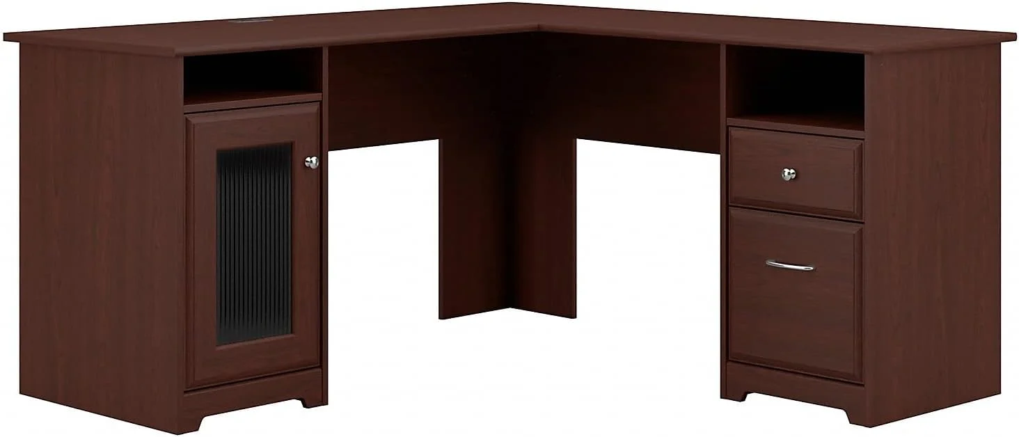 Cabot L Shaped Computer Desk In Harvest Cherry, Corner Table With Drawers For Home Office