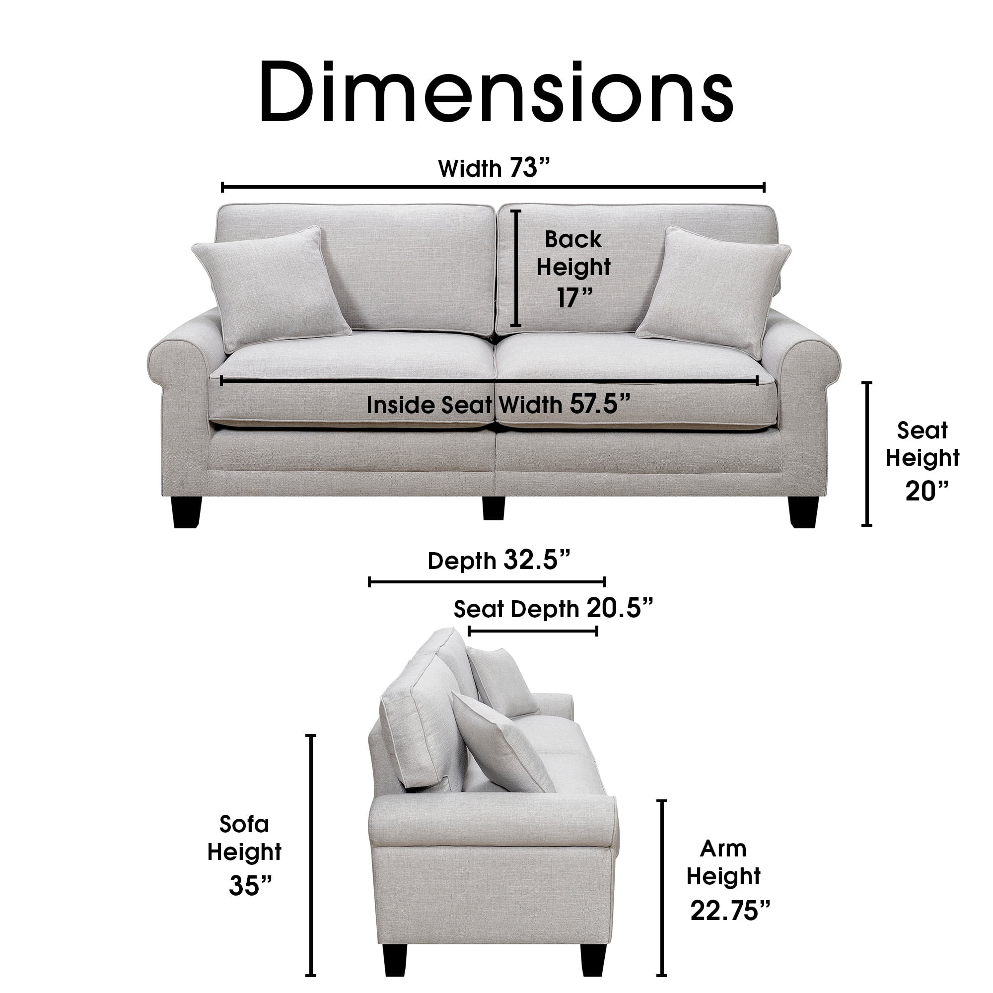 Serta Copenhagen Traditional Rolled Arm 73-inch Sofa, Pebble Gray Fabric