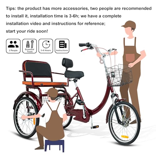 MOOITZ Adult Tricycle, 20 Inch 3-Wheel Bikes, Trike for Adults with Seat, Low Step-Through Cruiser Bike with Front and Rear Baskets