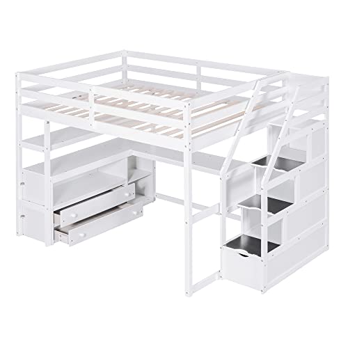 Twin Loft Bed with Staircase, Desk and Wardrobe, Wood Loft Bed with Storage Shelves and Safety Guardrail