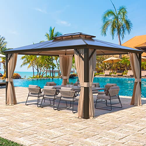 YOLENY 10'x13' Hardtop Gazebo, Outdoor Polycarbonate Double Roof Canopy, Aluminum Frame Permanent Pavilion with Curtains and Netting