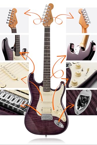 AKLOT Stryde Electric Guitar with Coil-Split: Roasted Maple Neck, Flame Maple Graphic Top, HSS Ceramic Pickups, Beginner Guitar Kit with 10W Amp