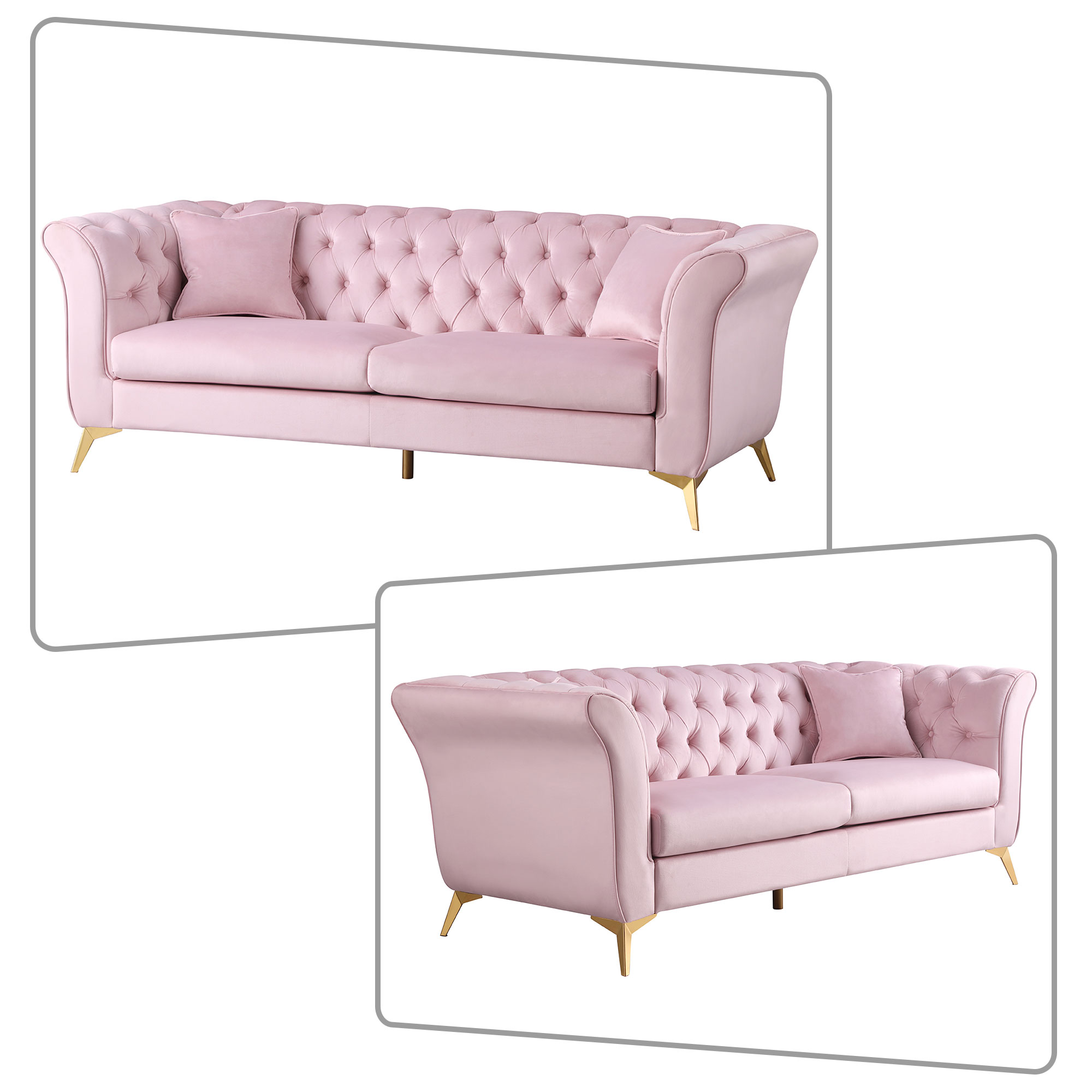 Modern and Elegant Style 2-piece Velvet Fabric Upholstered Sofa with 4 Pillows, Button Tufted Design and Metal Legs for Living Room, Bedroom, Office