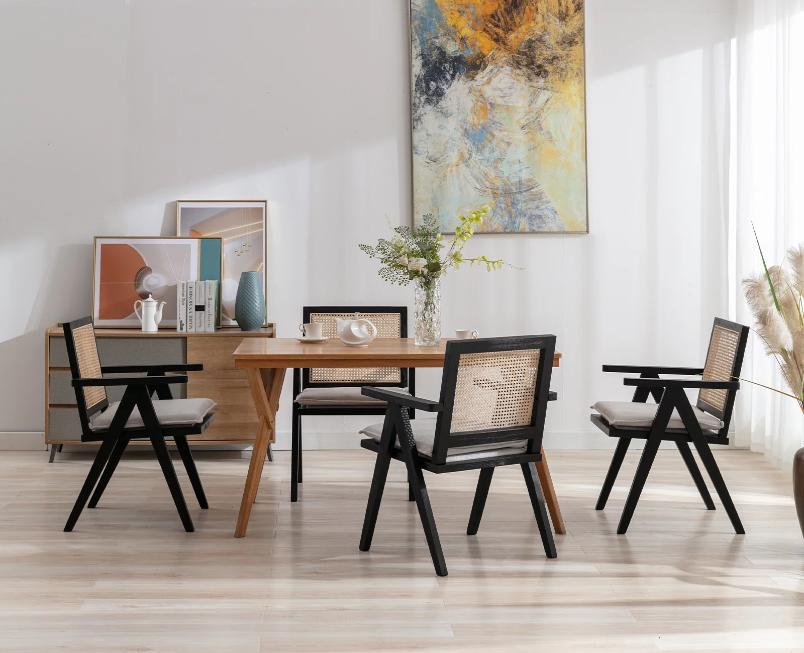 Guyou Modern Rattan Dining Chair Set of 2, Mid-century French Farmhouse Upholstered Solid Wood Armchair Reading Chair