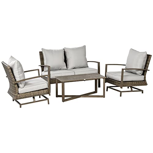 Outsunny 4 Piece Wicker Patio Furniture Set with 2 Rocking Chairs, Loveseat Sofa, Outdoor PE Rattan Conversation Set with Cushions