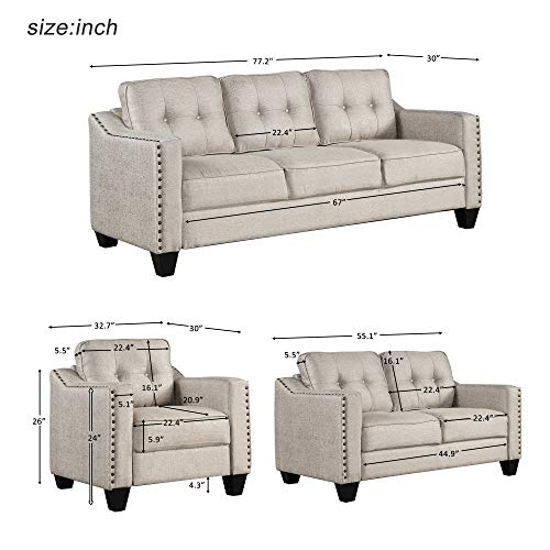 Knocbel Stylish 3-Piece Sofa Set Living Room Set with Tufted Cushions, Velvety Soft Linen Blend Fabric and Brass Nail Head Trip