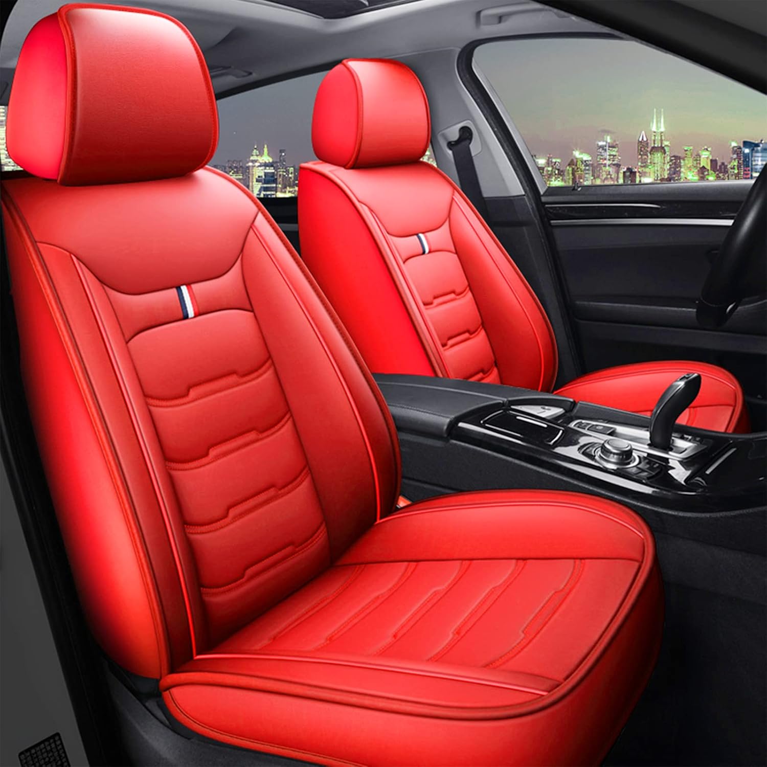 TYFYB Universal 5 Seats Wearproof PU Leather Car Seat Cover Full Set Seat Pad Protector Set Front + Rear Cushions w/Pillows Black/Beige