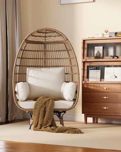 Oversize Wicker Egg Chair with 4 Comfy Cushions, Big Egg Shaped Lounger with Ottoman, Rattan Reading Chairs for Indoor Outdoor Patio Porch Backyard