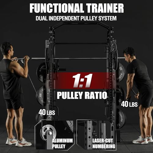 Mikolo Smith Machine, Multi-Function Power Cage with Dual Pulley System, Vertical Leg Press Attachment