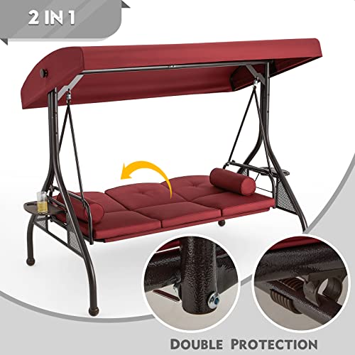 HOMREST 3 Seat Outdoor Porch Swing with Adjustable Canopy, Convertible Patio Swing Bed with Stand, Patio Glider Swing with Upgraded Cup Holder