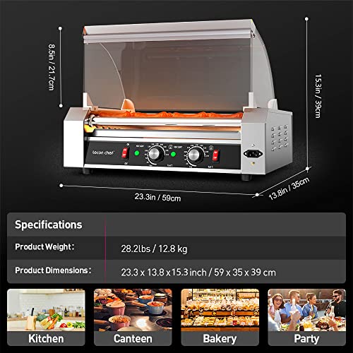 Leconchef Hot Dog Roller Machine Commercial Electric 7Roller Sausage Grill Hotdog Cooker Warmer Machine Stainless Steel with Dual Temp Control