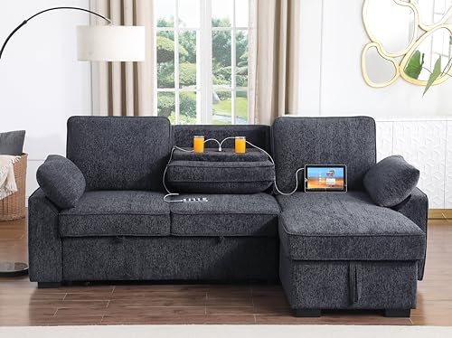 L-Shaped Pull Out Sleep Sofabed,Modern Reversible Sleeper Sectional Sofa Chenille Upholstered Button Tufted Decor with Storage Chaise
