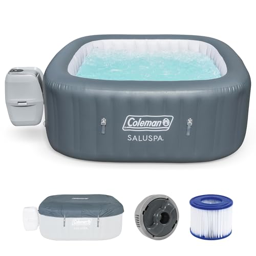 Coleman SaluSpa AirJet 4 to 6 Person Inflatable Hot Tub Square Portable Outdoor Spa with 140 Soothing AirJets and Insulated Cover, Gray