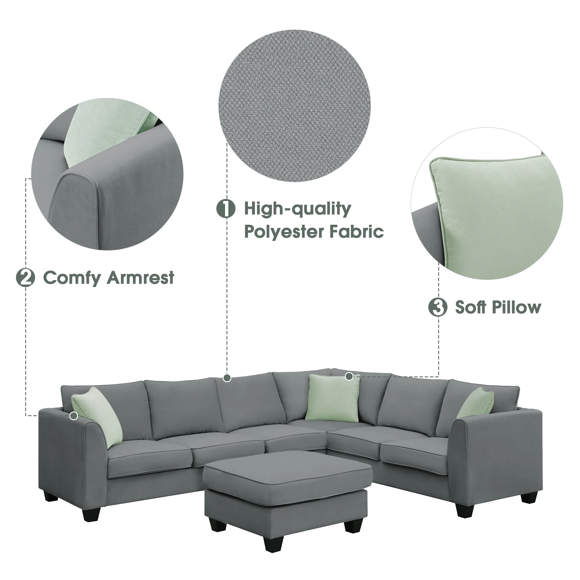 7 Seats Modular Sectional Sofa with Ottoman, L Shape Fabric Sofa Corner Couch Set Living Room Couches Sets with 3 Pillows, Gray, 112" x 87"