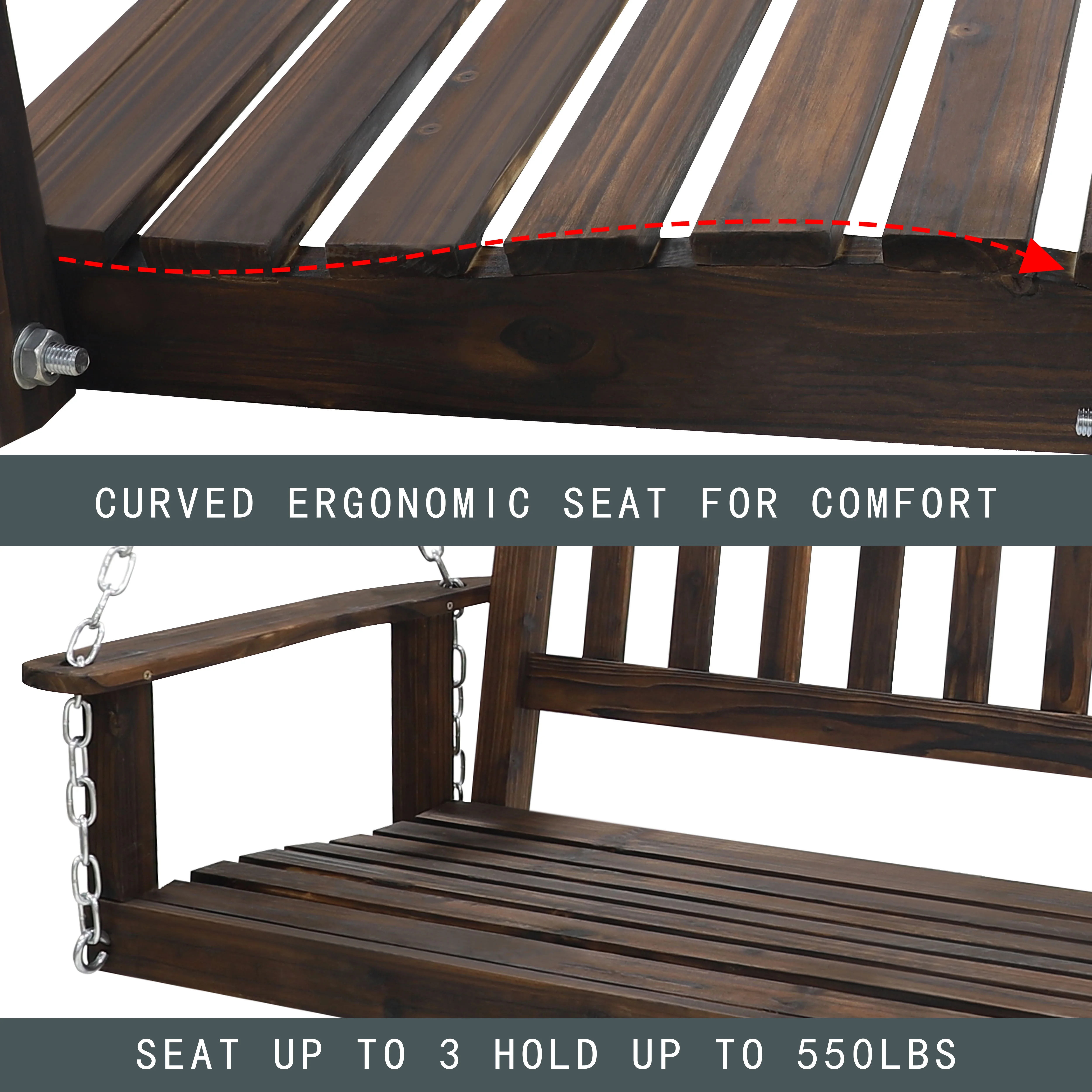 VEIKOUS Outdoor Wooden Porch Swing 4ft w/ Chains 2-person Swing Bench Chair for Patio, Rustic