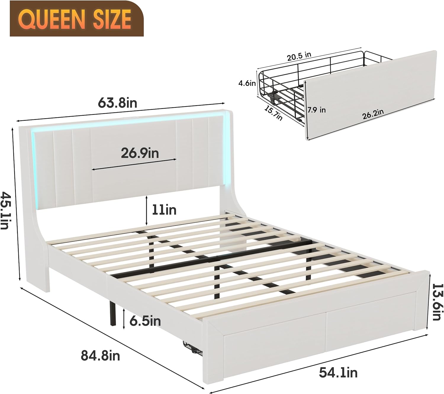 Vabches Queen Size Bed Frame with LED Light and 2 Hidden Storage Drawers with Leather Upholstered Headboard and Charging Station
