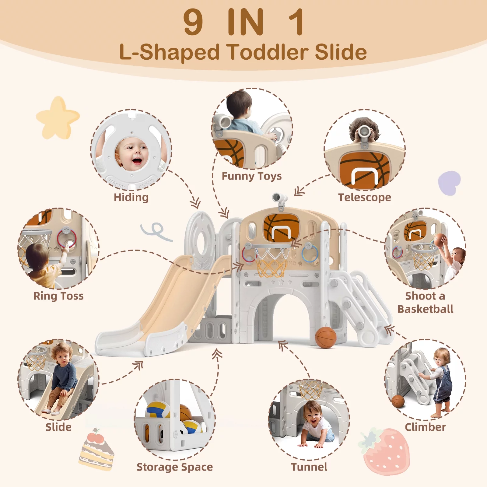 KORIMEFA 7-in-1 Kids Slide with Climber, Toddler Climber Slide Play Set with Basketball Hoop, Tunnel, Telescope and Storage Space