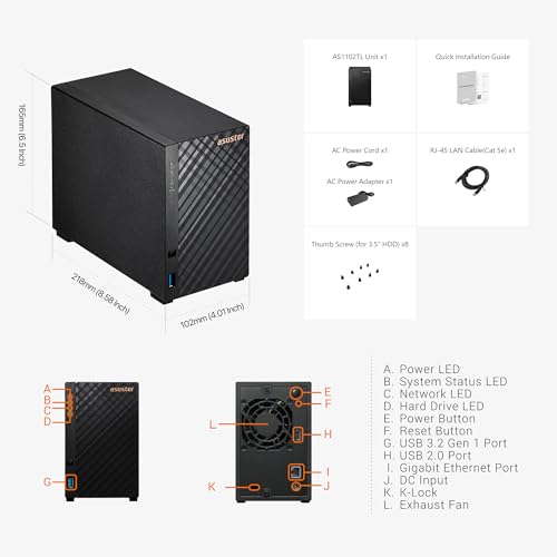 Asustor Drivestor 2 Lite AS1102TL, 2 Bay NAS Enclosure Network Storage, 1.7GHz Quad Core, 1GbE Port, 1GB RAM DDR4