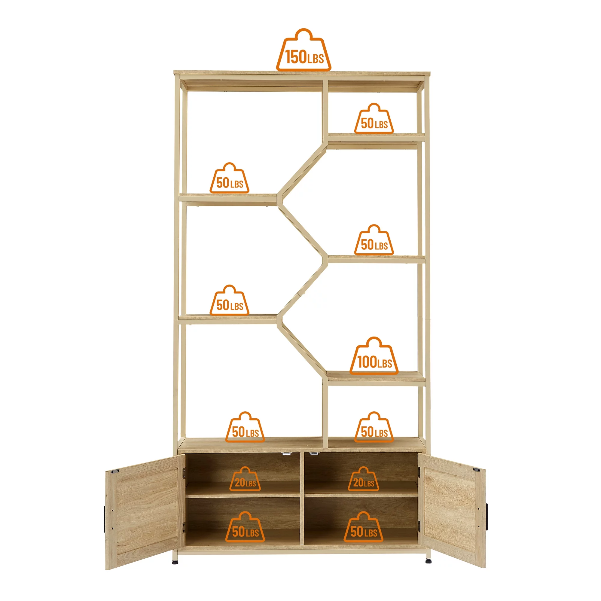 Royard Oaktree 7 Tiers Bookcases Wood Open Bookshelf with Cabinet and Rattan Door Large Display Storage Shelf for Living Room Bedroom Home Office