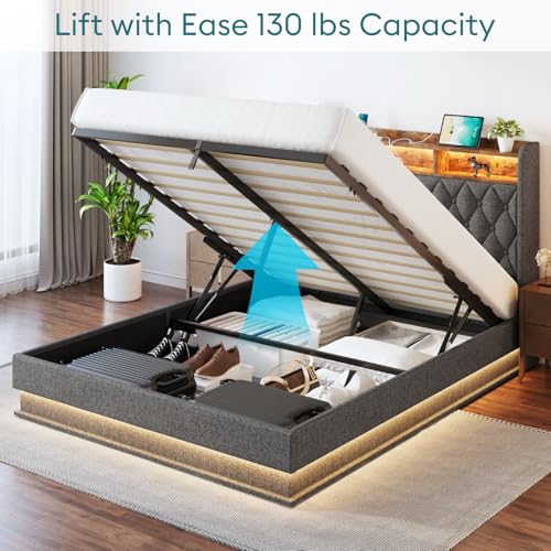 Queen Bed Frame with Storage - Lift Up Queen Size Bed Frame with Headboard, Upholstered Platform Bed with LED Lights & Charging Station