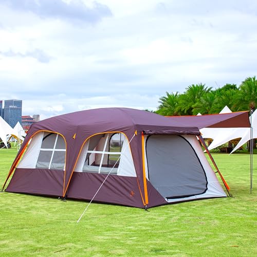 KTT Extra Large Tent 10-12-14 Person(B),Family Cabin Tents,2 Rooms,3 Doors and 3 Windows with Mesh,Straight Wall,Waterproof,Double Layer