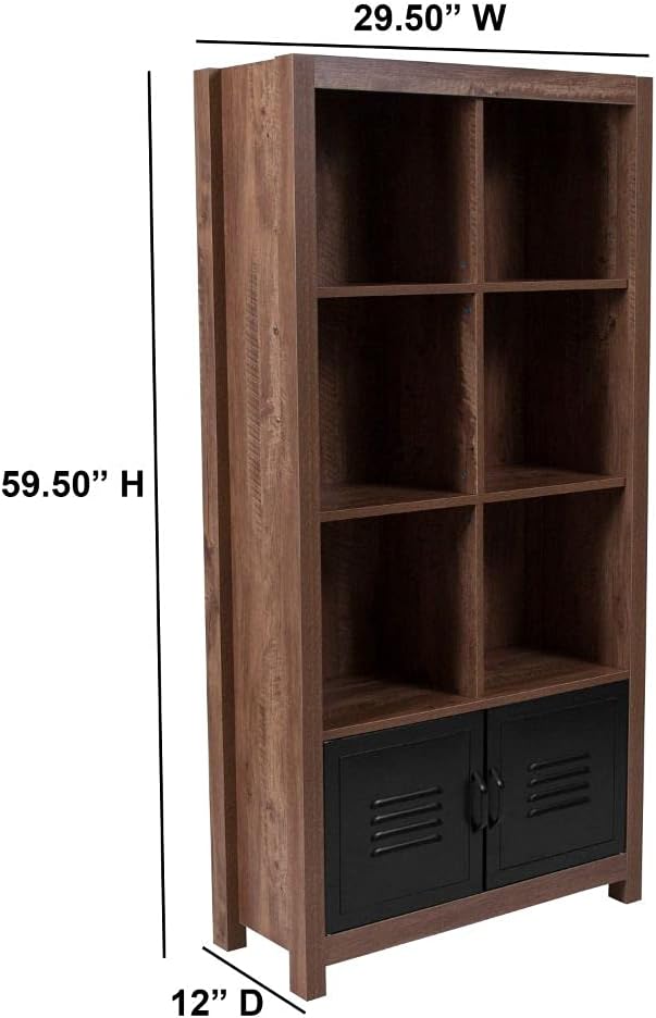 Flash Furniture New Lancaster Collection 59.5H 6 Cube Storage Organizer Bookcase with Metal Cabinet Doors in Crosscut Oak Wood Grain Finish
