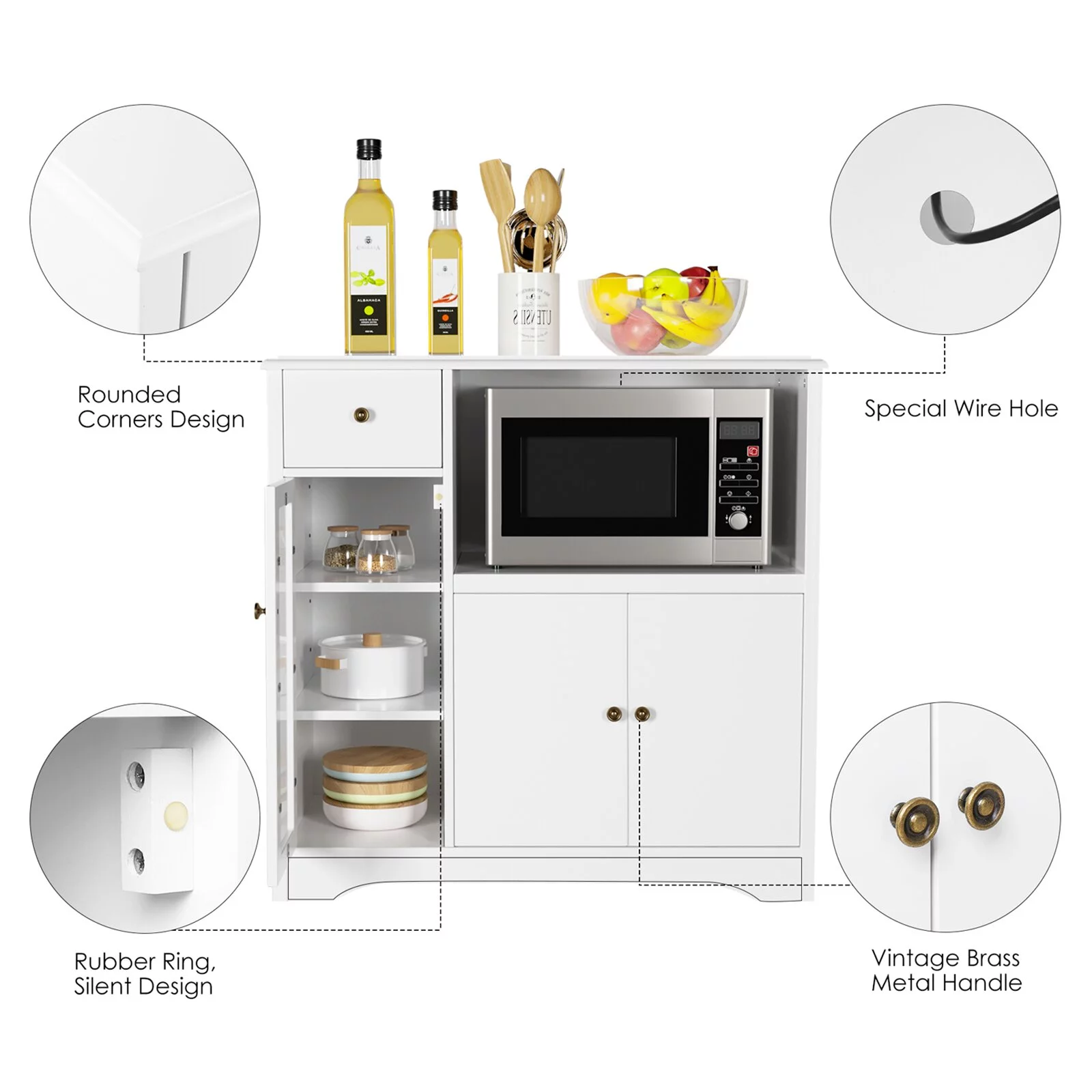 Homfa Microwave Cabinet with Hutch, Kitchen Pantry Cabinet Sideboard with Adjustable Shelves and Drawer for Dining Room, White