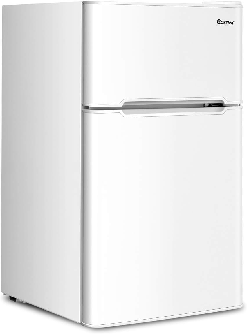 COSTWAY Compact Refrigerator, 3.2 cu ft. Unit 2-Door Freezer Cooler Fridge with Reversible Door, Removable Glass Shelves, Mechanical Control