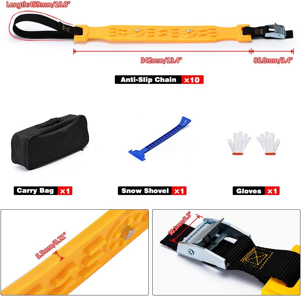 PTNHZ Universal Yellow 10pcs Car Snow Chains TPU Wheel Security Chains Adjustable Snow Tire Chains Belt Emergency Anti-Skid Anti-Slip For Cars Auto
